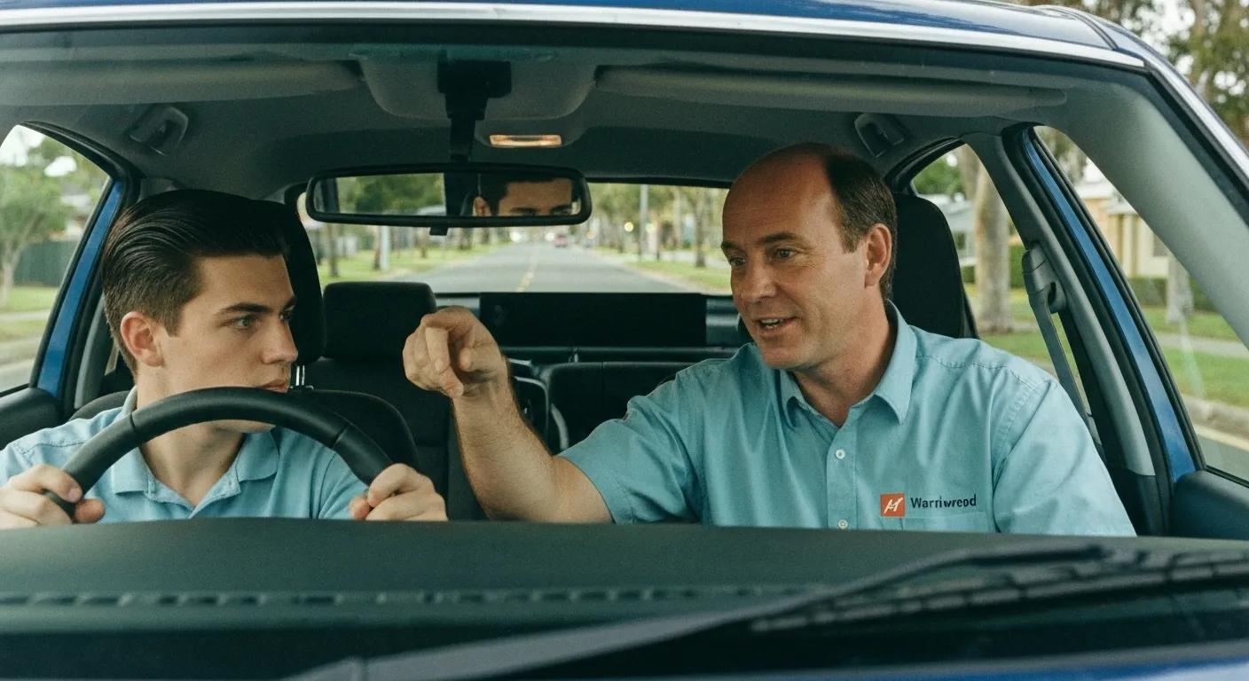 Friendly driving instructor and a focused learner driver in a car navigating the streets of Warriewood, highlighting our commitment to safe driving education