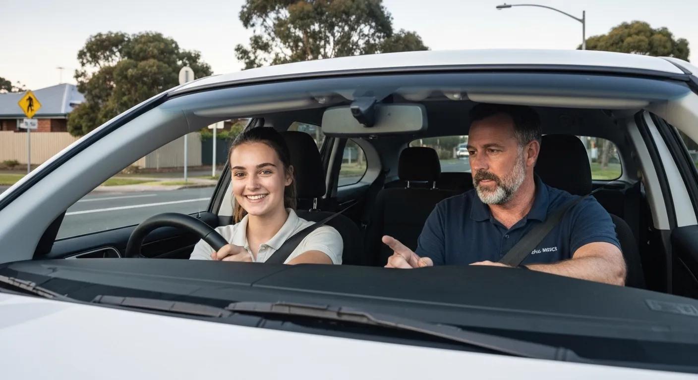 Learner driver practicing mock driving test maneuvers with instructor, preparing for the Manly driving test