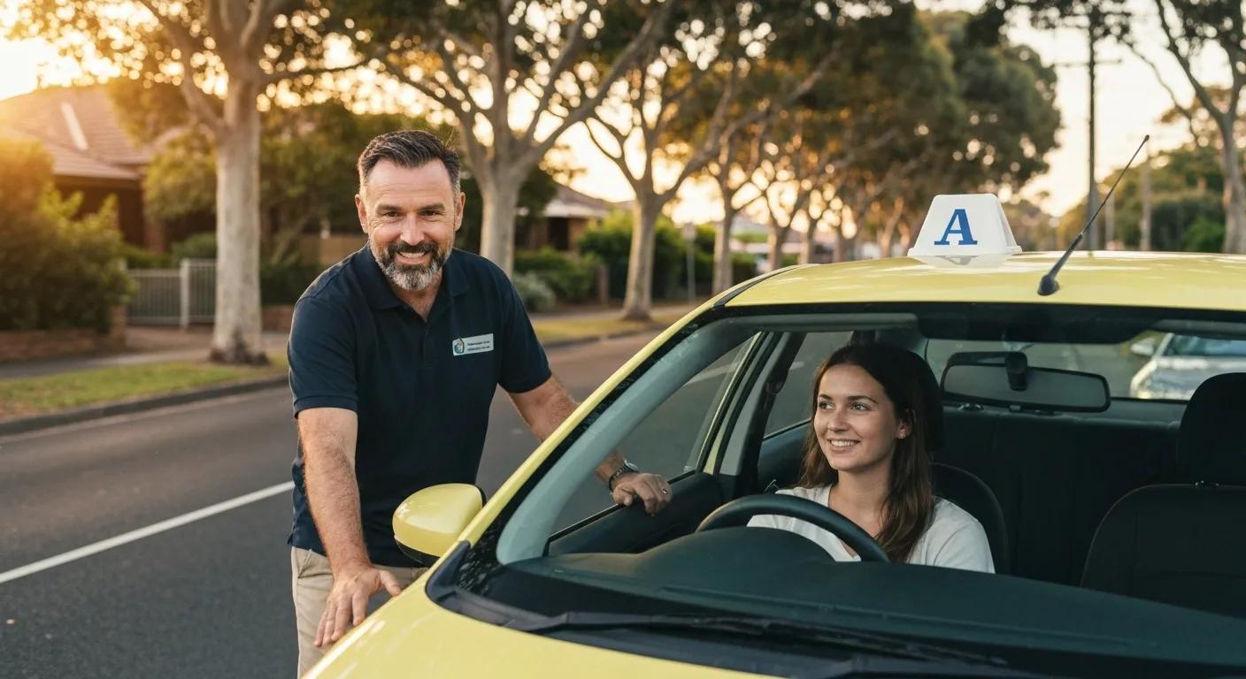 A supportive driving instructor offering encouragement to a slightly nervous learner driver on a quiet Warriewood street