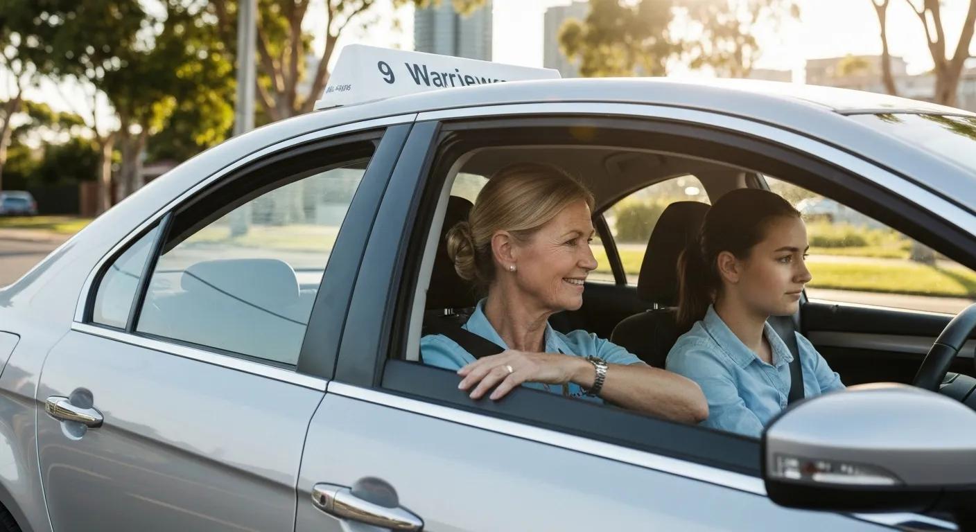 Personalized driving lessons in a modern car with a supportive instructor and learner driver in Warriewood