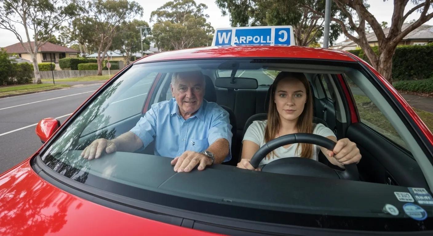 Driving instructor and learner driver in a car on Warriewood streets, emphasizing supportive driving lessons