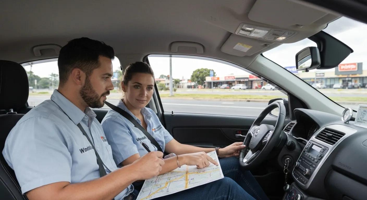Driving instructor explaining local traffic patterns to a learner driver in Warriewood