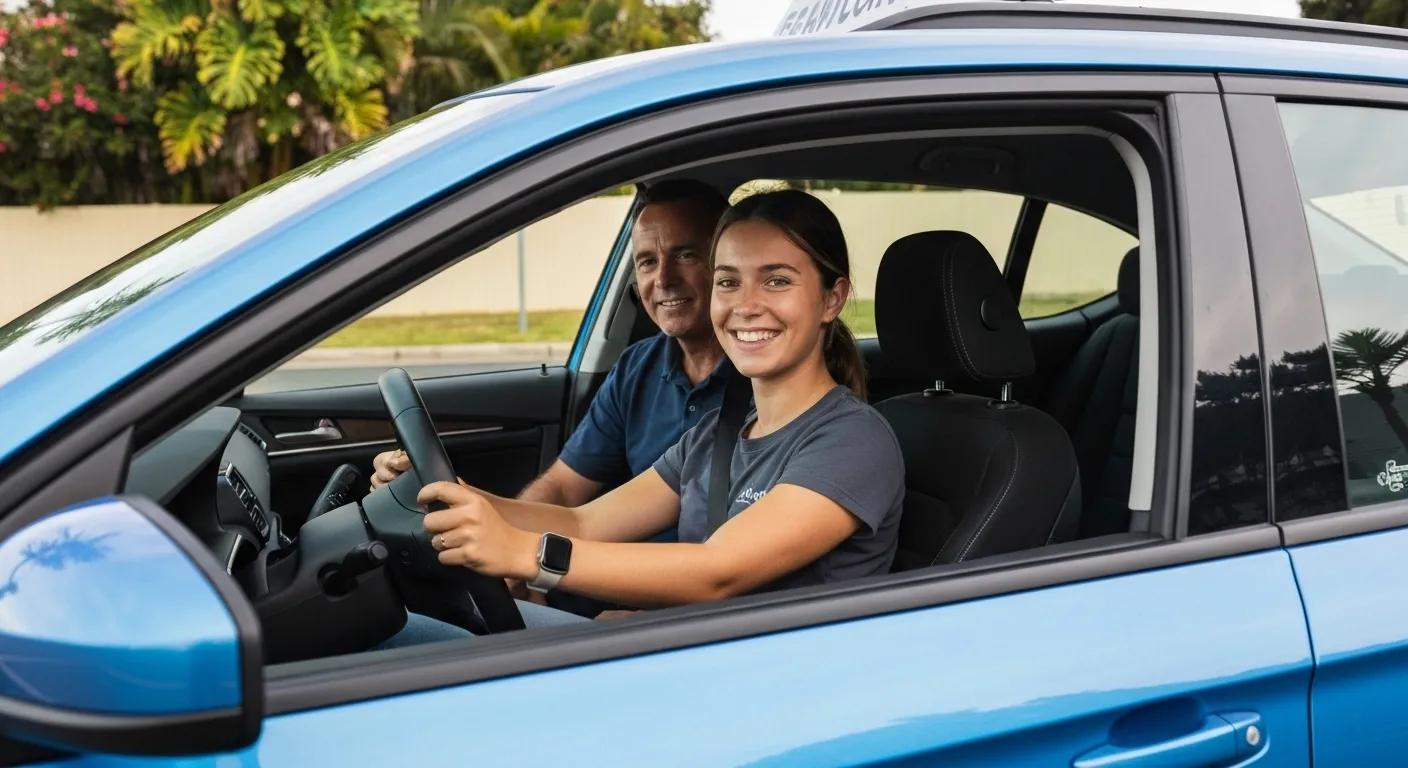 Confident learner driver in a modern dual-control car with an instructor at Aloha Driving School in Dee Why