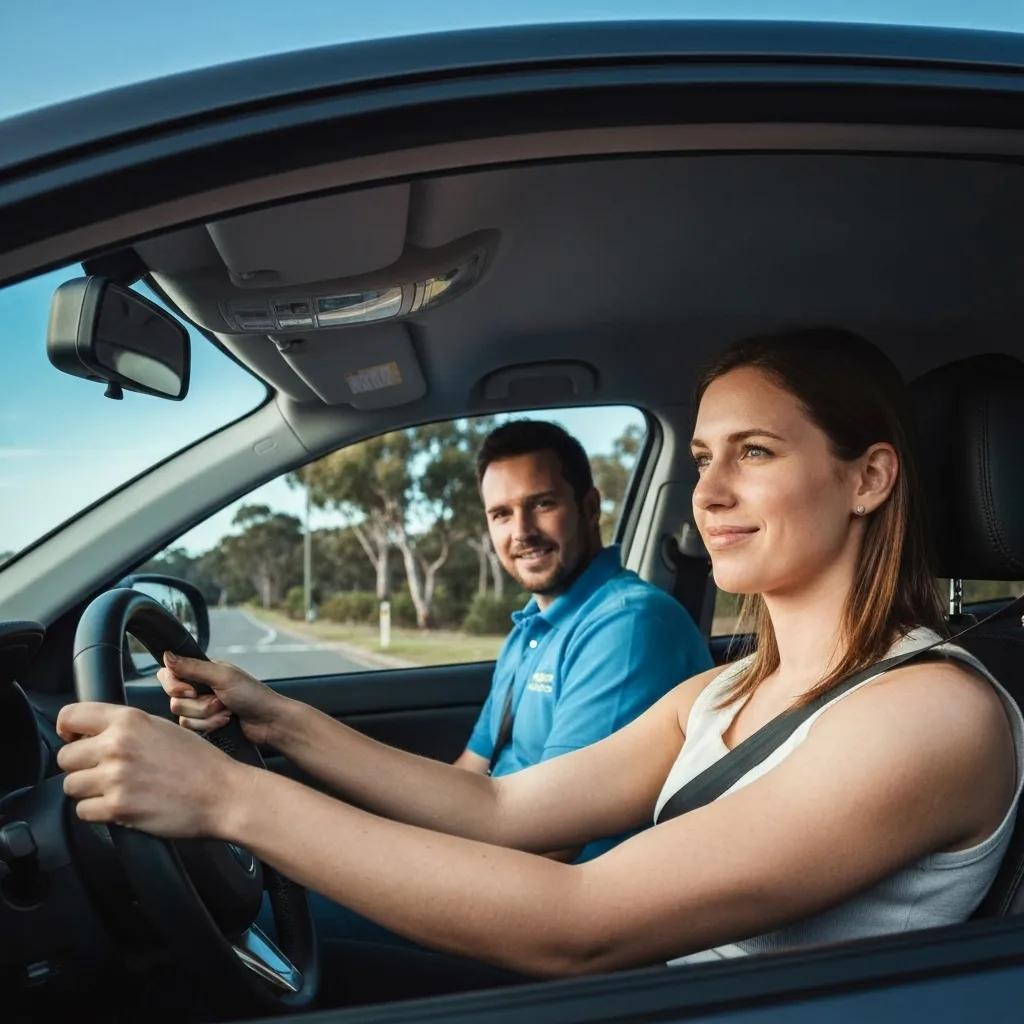 A friendly driving instructor guiding a learner driver in a dual-control car on a sunny Warriewood street